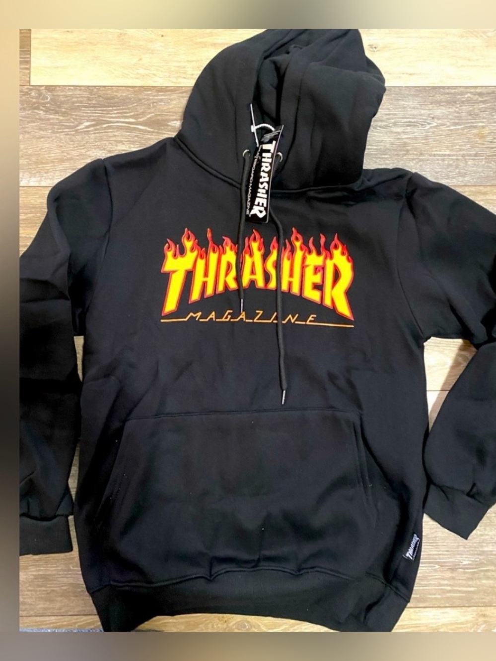 Thrasher Black Hoodie with Red and Yellow Flame Logo size L-NWT